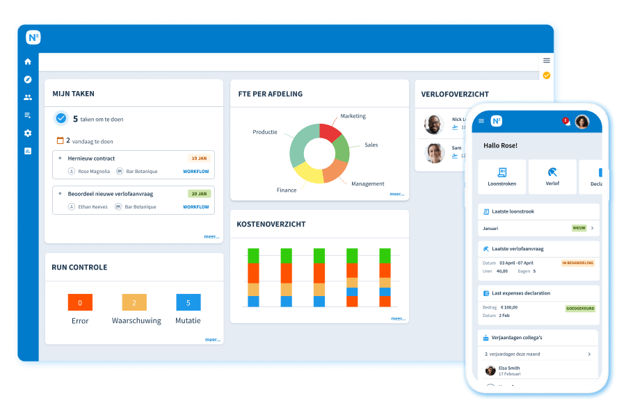 HR en salaris features van Nmbrs op een desktop en een mobiele app